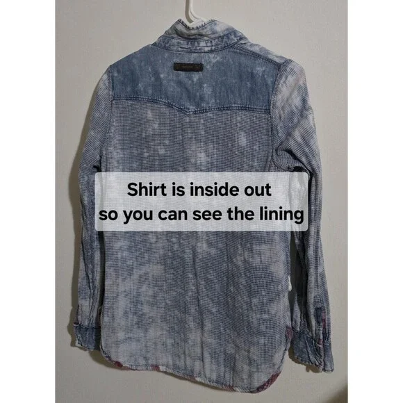 Pull & Bear Women's Small Plaid Western Button Up Flannel Lined Shirt Top Denim - Picture 16 of 16